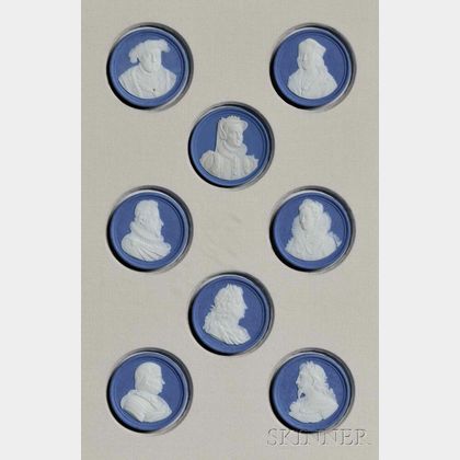 Four Framed Groups of Solid Blue Jasper Portrait Medallions