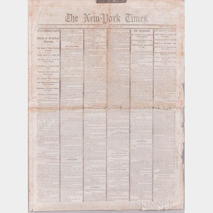 Lincoln, Abraham (1809-1865) Assassination Newspaper, The New York Times , April 16, 1865.