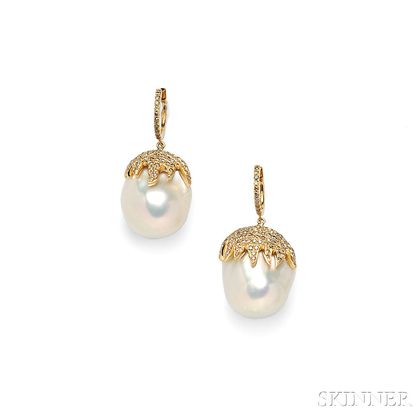 18kt Gold, Baroque Freshwater Pearl, and Diamond Earpendants