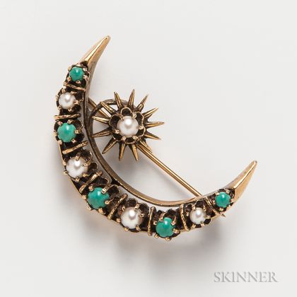 14kt Gold, Turquoise, and Pearl Crescent Brooch