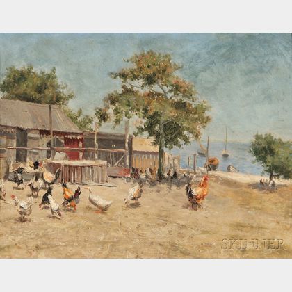 William Langley (British, 1852-1922) Chickens in a Seaside Farmyard