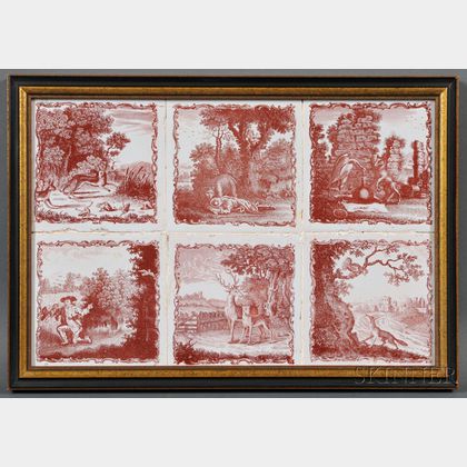 Six Aesop's Fable Transfer-decorated Salopian Pottery Tiles in a Common Frame