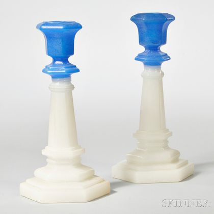 Pair of Blue and White Pressed Glass Columnar Candlesticks