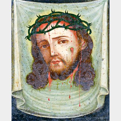 Large Painted Tin Retablo of Christ. Estimate $200-400