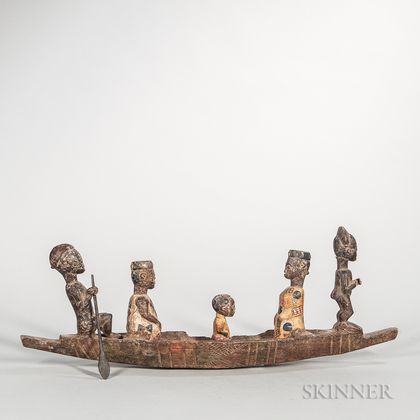 Baule-style Polychrome Carved Wood Boat with Figures
