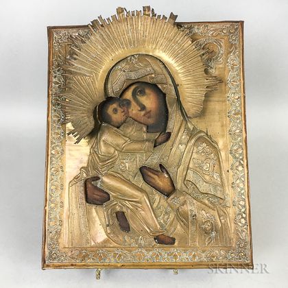Painted Icon of Madonna and Child with Brass Riza