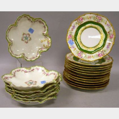 Limoges Set of Twelve Gilt and Floral Decorated Porcelain Dessert Plates and Set of Six Gilt and Floral Decorated Porcelain Shaped Dish