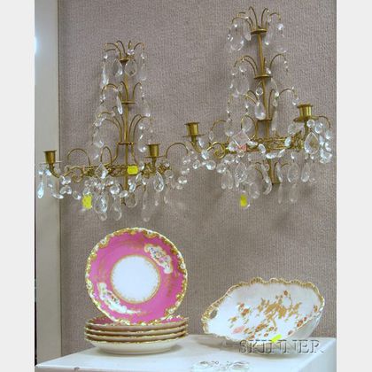Limoges Gilt and Transfer Decorated Porcelain Celery Tray, a Set of Five Limoges Porcelain Dishes, and a Pair o... 
