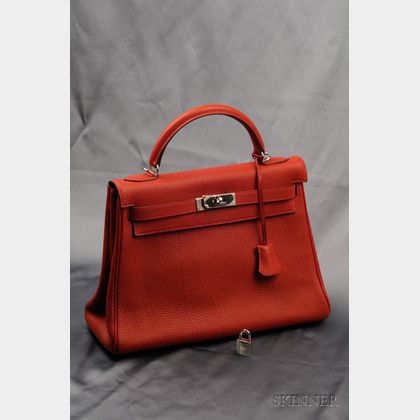 Rouge Leather "Kelly" Handbag, Hermes