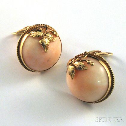 Pair of 14kt Gold and Pale Pink Coral Earclips