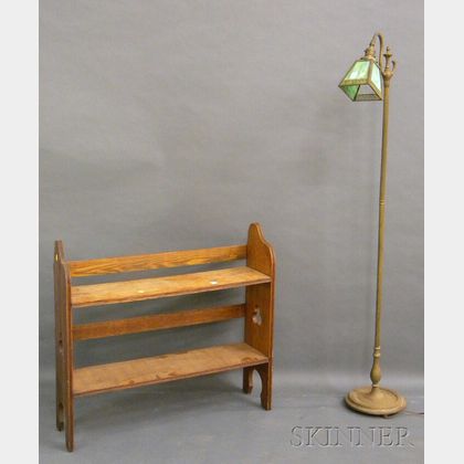 Arts & Crafts Brass Floor Lamp with Green Slag Glass Panel Shade and an Arts & Crafts Oak Book Rack with Cutout End panels