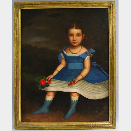 J. Platt (American, 19th Century) Girl in a Blue Dress with Fruit and Flowers.