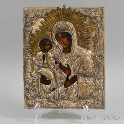 Russian Icon with Silvered Metal Riza
