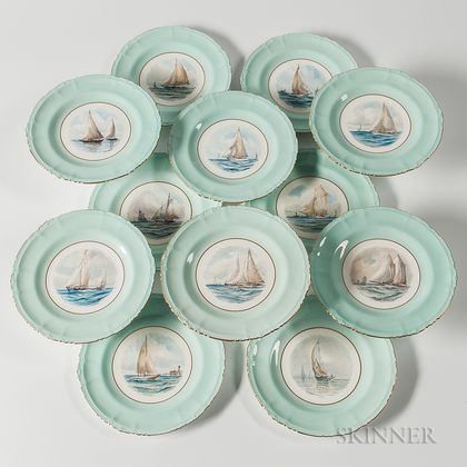 Set of Twelve Royal Crown Derby Porcelain Cabinet Plates with Hand-painted Yachting Scenes