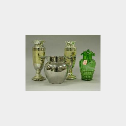 Silver Lustreware Pitcher, Victorian Enameled Green Glass Ptcher and a Pair of Mercury Glass Vases. 