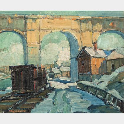 Edwin H. Gunn (American, 1876-1940) Trainyard and Arched Bridge in Snow