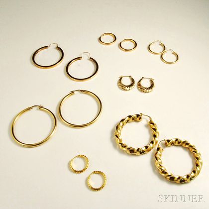 Six Pairs of 14kt Gold Hoop Earrings