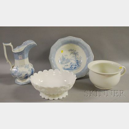 English Blue and White Transfer Decorated Staffordshire Chamber Pitcher and Basin, an Ironstone Chamber Pot, and a Milk Glass Footed...