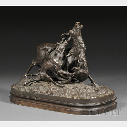 Pierre Jules Mene (French, 1810-1879) Bronze Figural Group Stag Attacked by Three Hounds