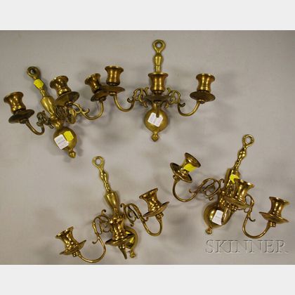 Two Pairs of Brass Baroque-style Three-light Wall Sconces