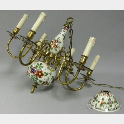 Baroque-style Brass and Floral-decorated Faience Six-light Chandelier