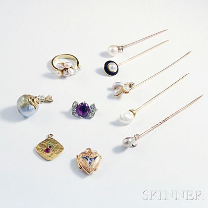 Five Pearl Stickpins, a Pearl and Diamond Ring, and Four Pendants