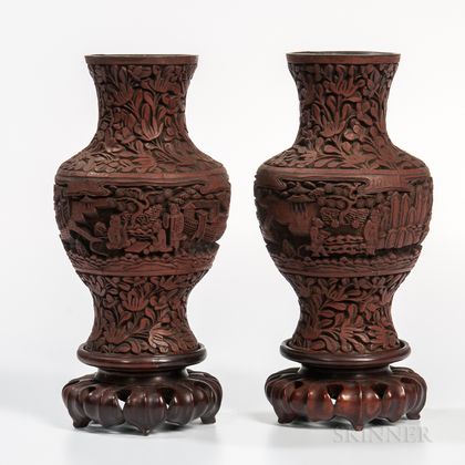 Pair of Carved Faux Cinnabar Lacquered Vases