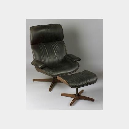 Plycraft Upholstered Rosewood Veneer Lounge Chair and Ottoman. 
