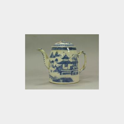 Canton Blue and White Porcelain Teapot. 