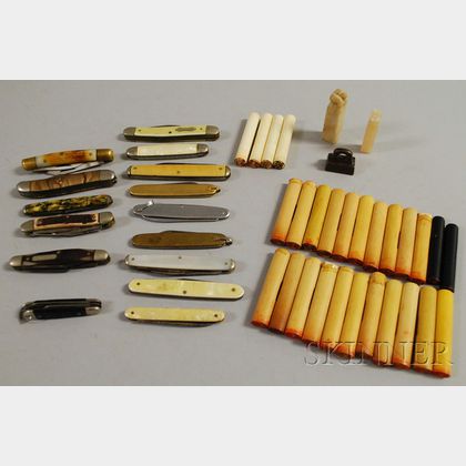 Group of Asian Stone, Ivory, and Wood Seals and a Group of Pocketknives