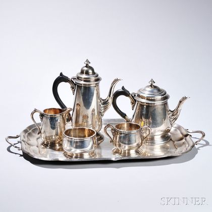 Five-piece Lunt Sterling Silver Tea and Coffee Service with an Associated Sterling Silver Tray