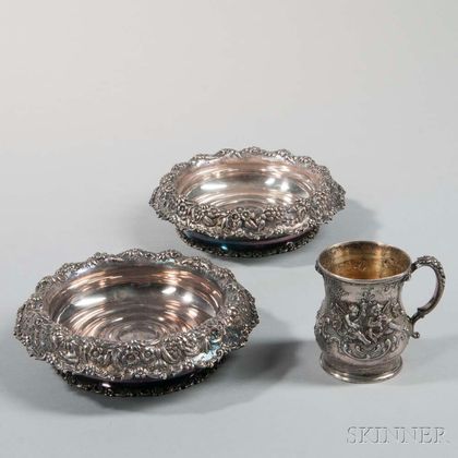 Pair of Tiffany & Co. Silver-plate Wine Coasters and a Christening Cup