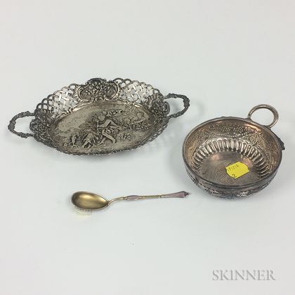 Dutch Reticulated Figural Dish, a Continental Chased Handled Cup, and an Enameled Demitasse Spoon