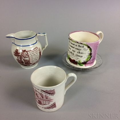 Two English Transfer-decorated Cups, a Creamer, and a Glass Dish