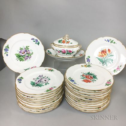 Twenty-four Paris Porcelain Hand-painted Porcelain Botanical Plates and a Tureen. Estimate $200-400