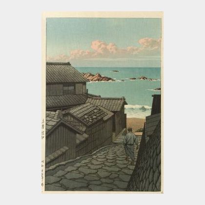 Hasui, A Man Descending a Stone Stairway from a Village to the Beach