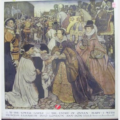 Framed Byami Shaw Chromolithograph At the Tower Gates, The Entry of Queen Mary I with Princess Elizabeth into London