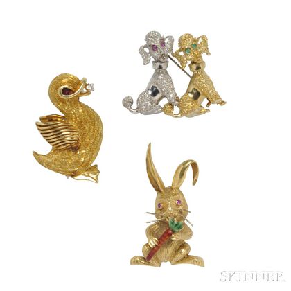 Three Gold Figural Brooches