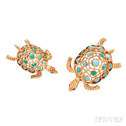 Two 18kt Gold and Turquoise Brooches