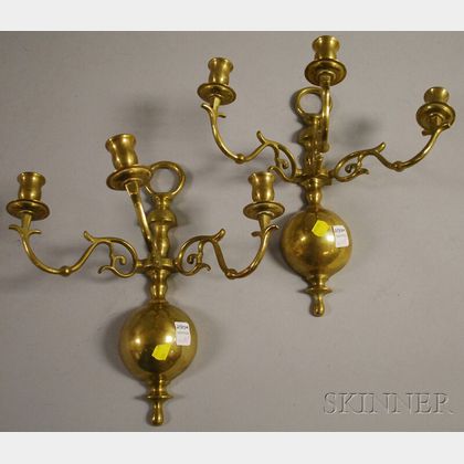 Pair of Baroque-style Brass Three-light Wall Sconces