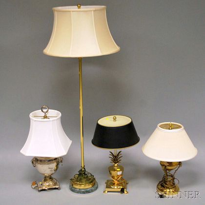 Three Decorative Metal Table Lamps and a Modern Brass Floor Lamp with Marble Base