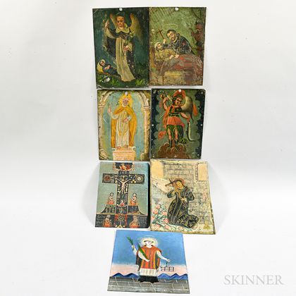 Seven Painted Tin Retablos of Saints. Estimate $500-700