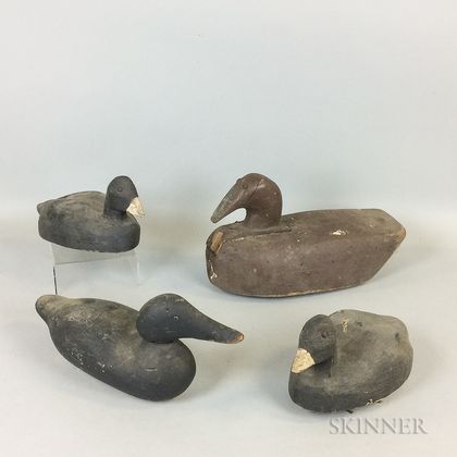 Four Primitive Carved and Painted Wood Duck Decoys