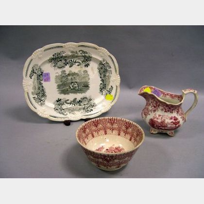English Red and White Transfer Decorated Staffordshire Waste Bowl and Creamer, and a Davenport Black and White Transfer Decorated Staff