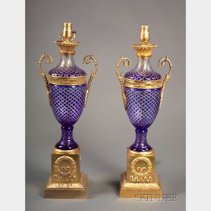 Pair of Louis XVI-style Cobalt Cased Cut-to-Clear Glass and Bronze Mounted Lamp Base 