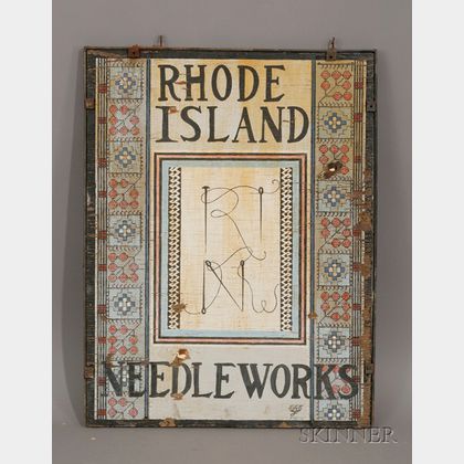 Polychrome Painted Wooden "Rhode Island Needleworks" Trade Sign