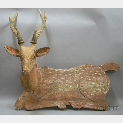Antler-mounted Carved and Painted Wooden Recumbent Deer-form Wall Plaque