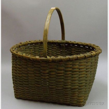 Green-painted Woven Splint Basket with Arched Handle