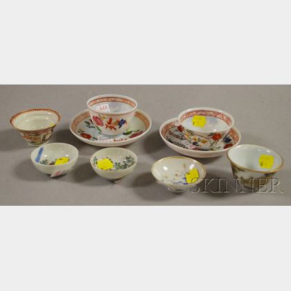 Five Porcelain and Four Painted Glass Dishes and Cups