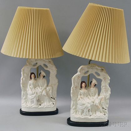 Pair of Staffordshire Pottery Figural Groups Mounted as Table Lamps